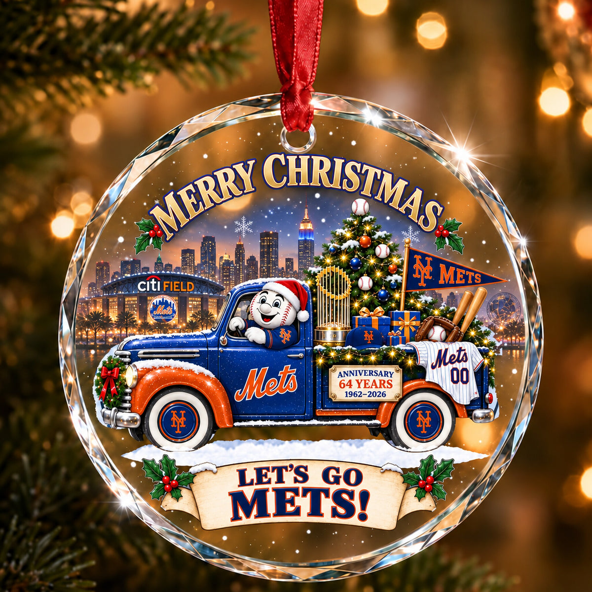 All Baseball Teams Christmas Truck Round Glass Ornament  With Red Gift Box | 5to9vibe