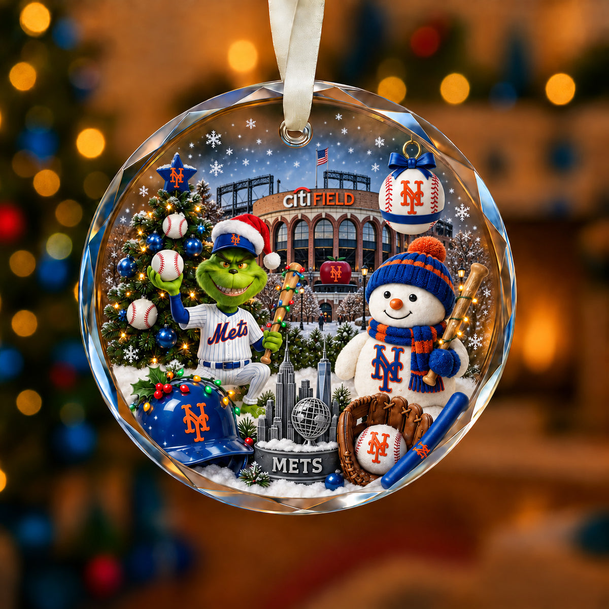 Adorno de vidrio de béisbol, 3 unidades con caja de regalo, equipo de béisbol de Navidad - Adorno de vidrio