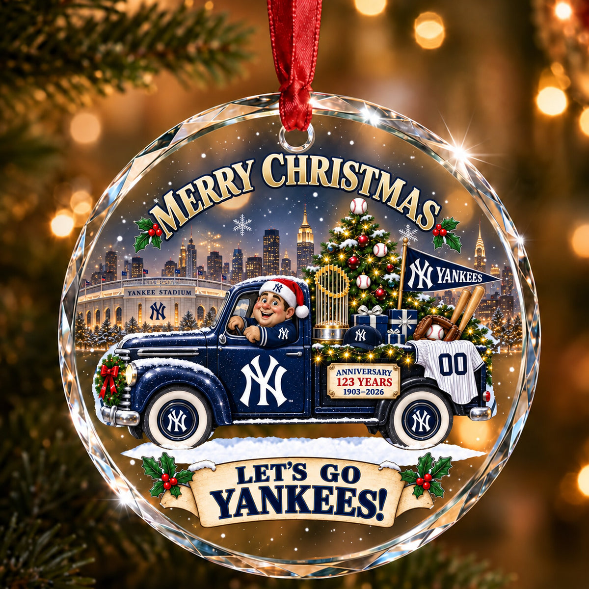 All Baseball Teams Christmas Truck Round Glass Ornament  With Red Gift Box | 5to9vibe