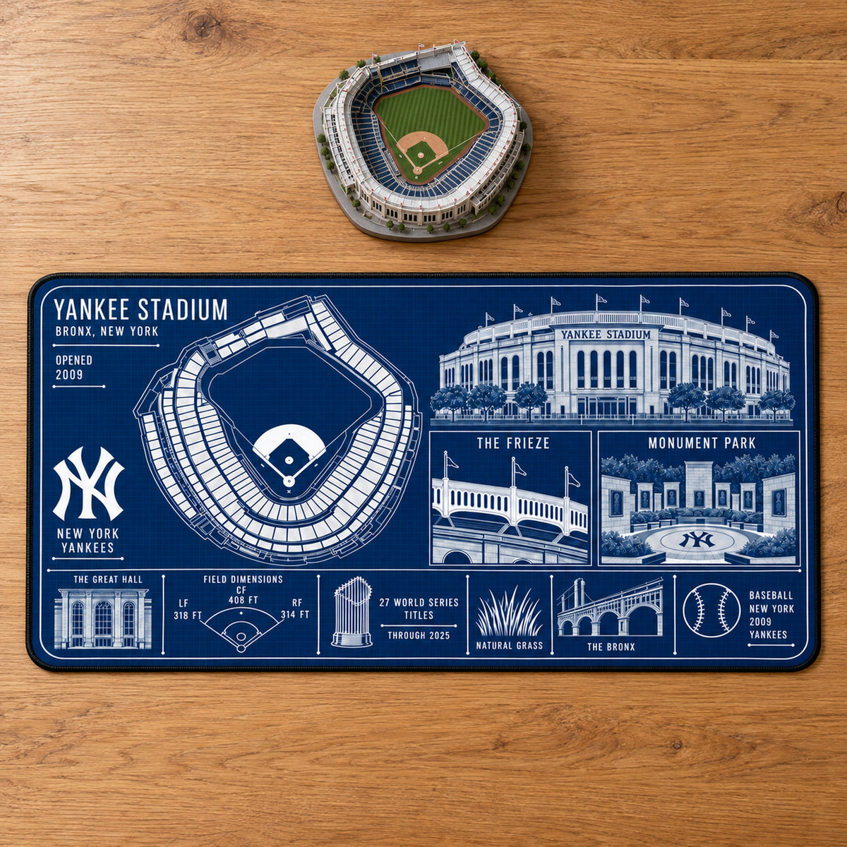 New York Yankees Yankee Stadium blueprint desk mat, 16" x 32", on a wooden desk with a decorative stadium model