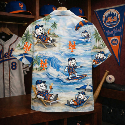 NYM Baseball Mascot Beach Viber With Player Signature  Button-Up Unisex Hawaiian Shirt For Men & Women