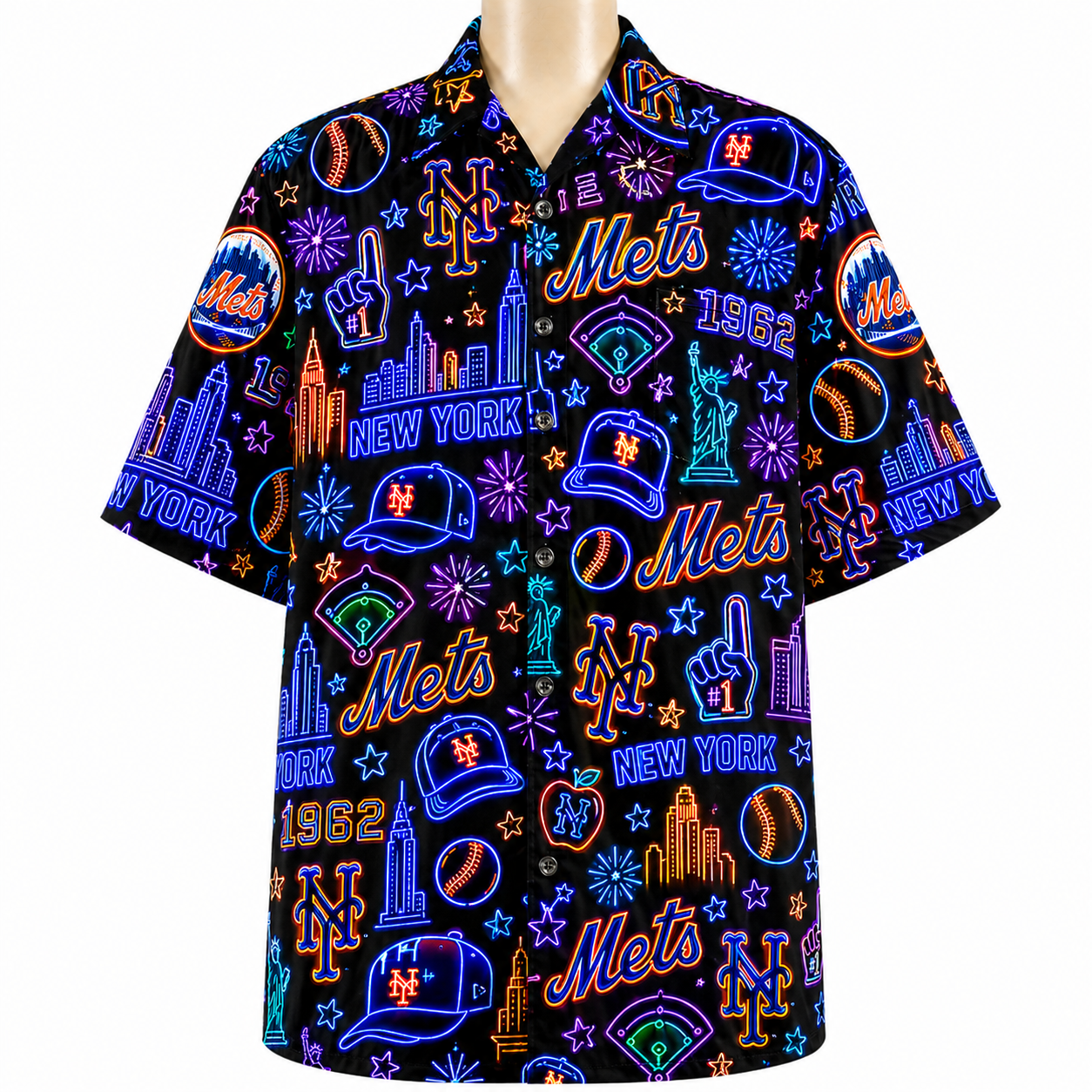 All Baseball Teams Neon Pattern Vibe Summer Party Button-Up Unisex Hawaiian Shirt For Men and Women