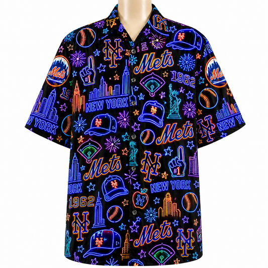 NYM Baseball Teams Neon Pattern Vibe Summer Party Button-Up Unisex Hawaiian Shirt For Men and Women