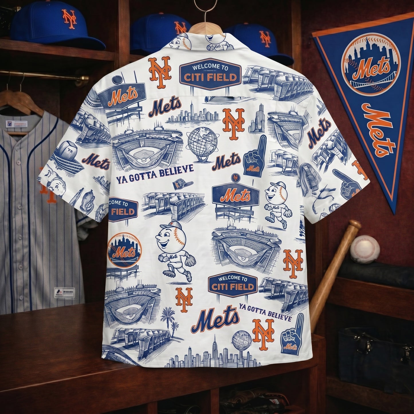 Camisa Hawaiana Unisex Abotonada Edición Legado Clásico con el Eslogan del Estadio de Béisbol NYM