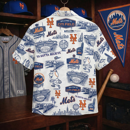 Camisa Hawaiana Unisex Abotonada Edición Legado Clásico con el Eslogan del Estadio de Béisbol NYM