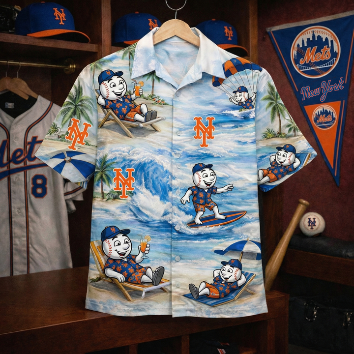 NYM Baseball Mascot Beach Viber Button-Up Unisex Hawaiian Shirt For Men & Women