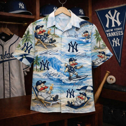 Camisa Hawaiana Unisex con Botones y Firma de Jugador, con la Mascota de Béisbol de los NYY en la Playa para Hombres y Mujeres