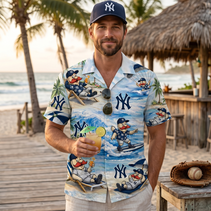 Camisa Hawaiana Unisex para Hombre y Mujer con Botones y Vibras de Playa, Mascota de Béisbol NYY