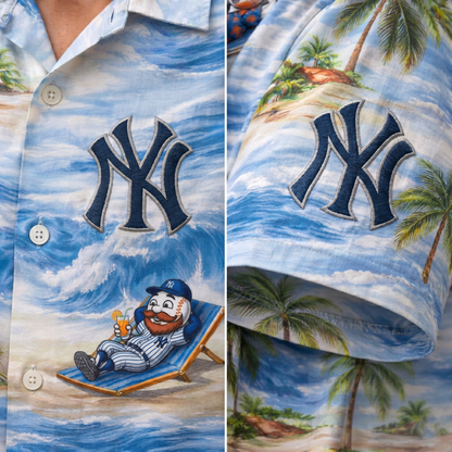 Camisa Hawaiana Unisex para Hombre y Mujer con Botones y Vibras de Playa, Mascota de Béisbol NYY