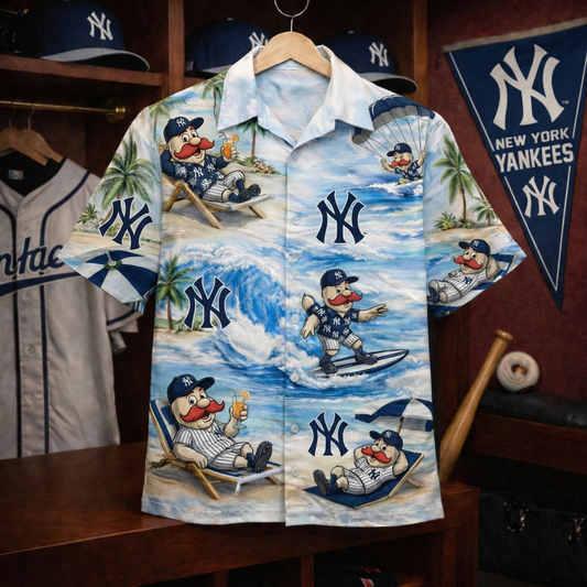 NYY Baseball Mascot Beach Viber Button-Up Unisex Hawaiian Shirt For Men & Women