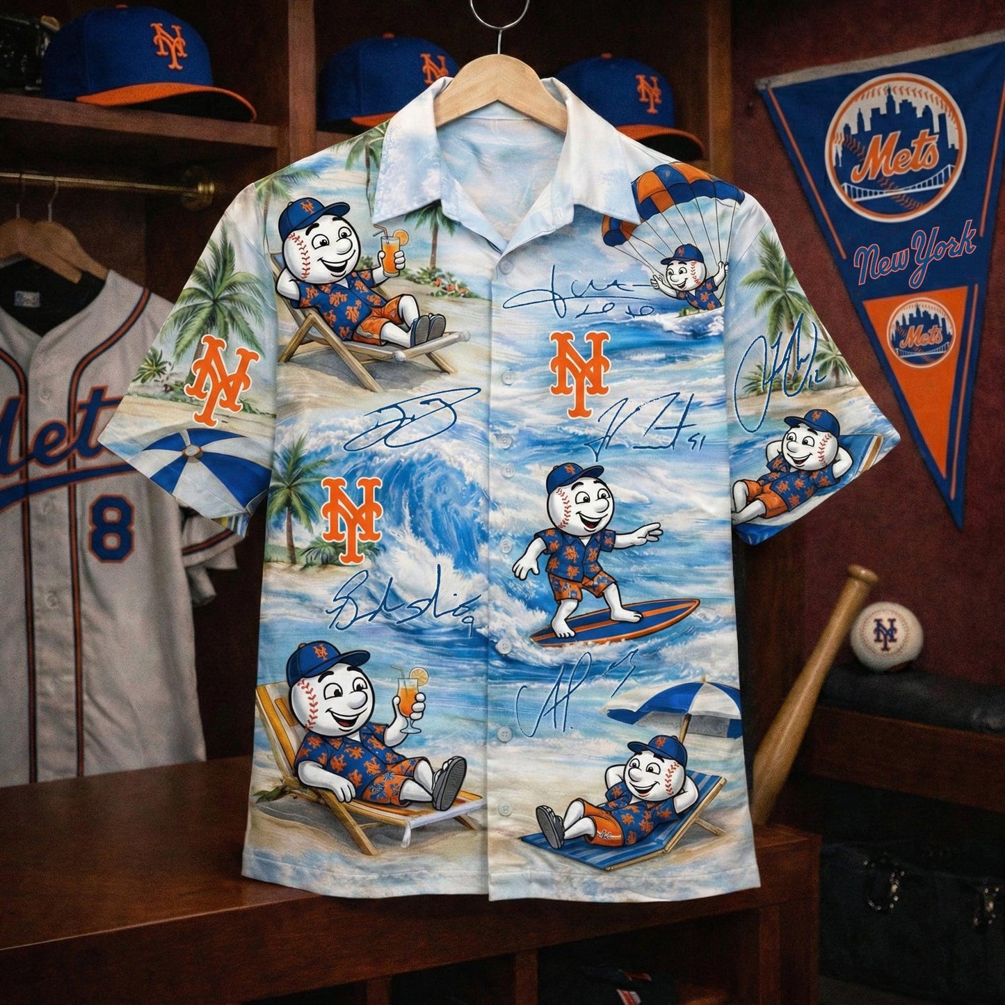 NYM Baseball Mascot Beach Viber With Player Signature  Button-Up Unisex Hawaiian Shirt For Men & Women