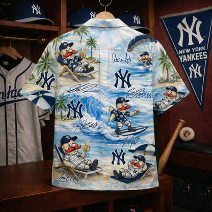 Camisa Hawaiana Unisex con Botones y Firma de Jugador, con la Mascota de Béisbol de los NYY en la Playa para Hombres y Mujeres