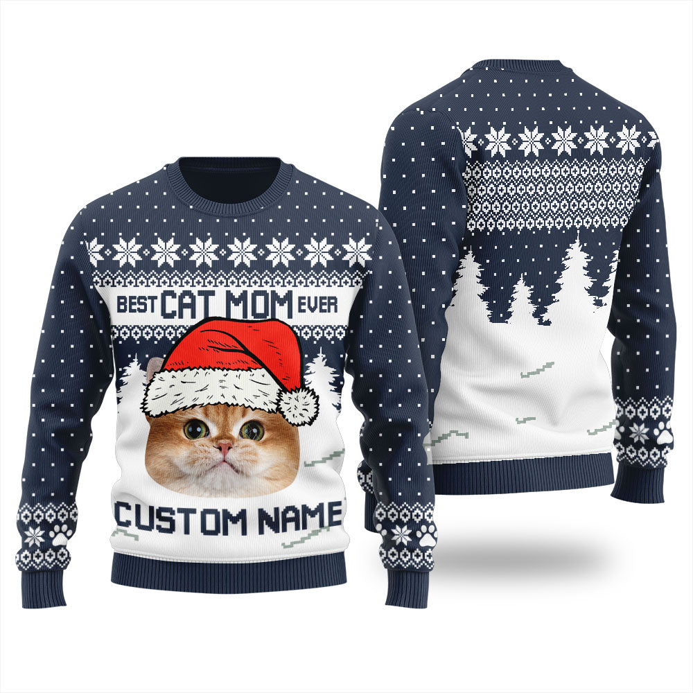 Nice Custom Cat Mom Ugly Christmas Sweater For Women