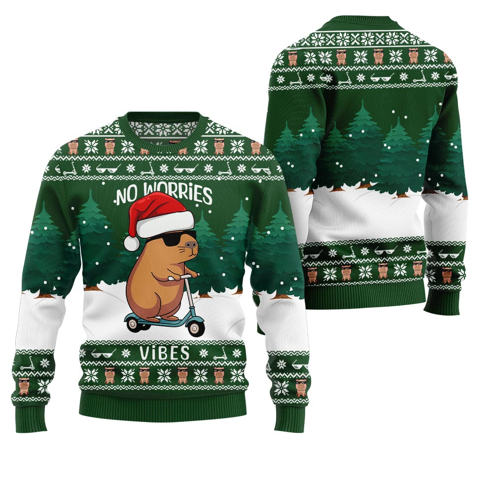 No Worries Vibes Capybara Ugly Christmas Sweater