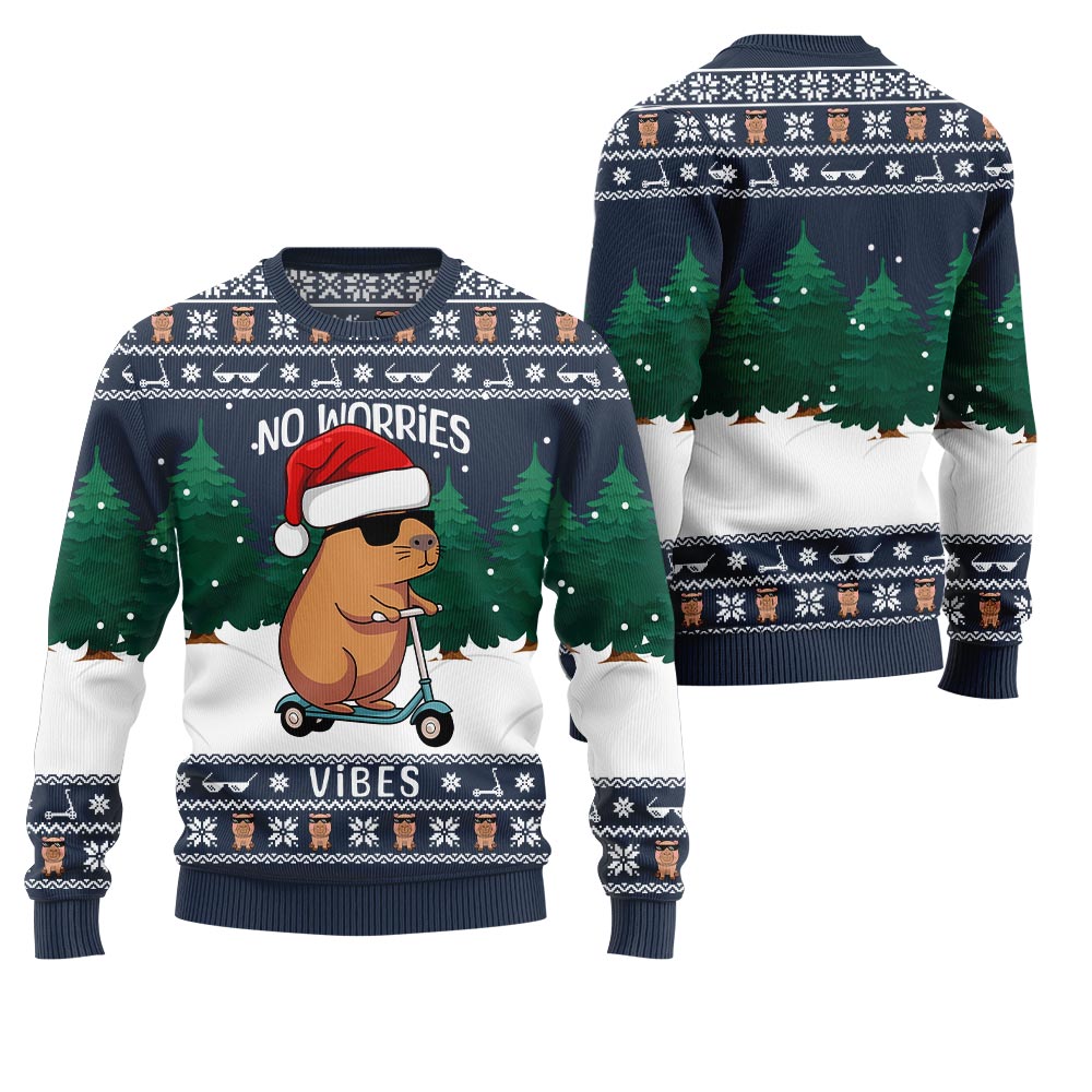 No Worries Vibes Capybara Ugly Christmas Sweater