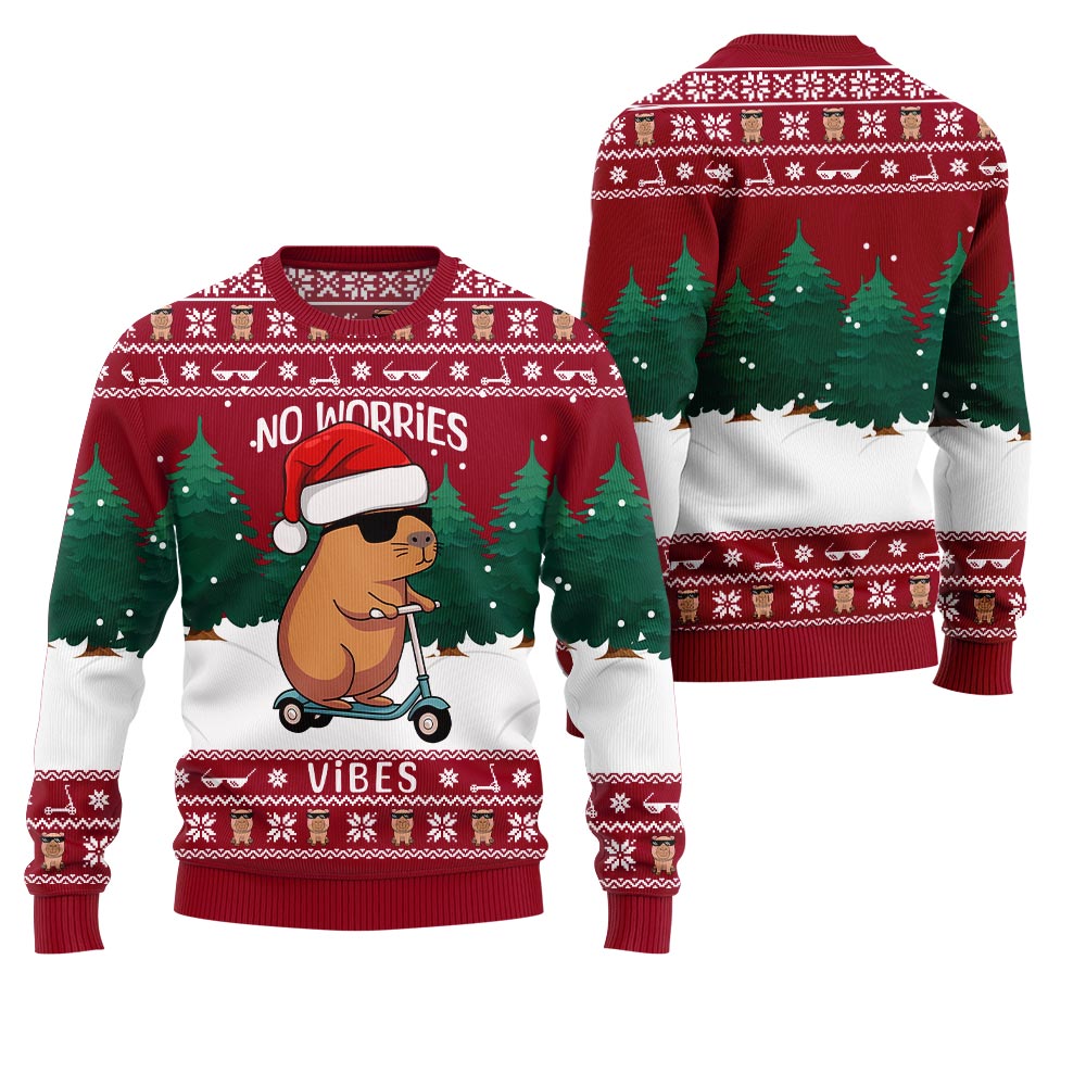 No Worries Vibes Capybara Ugly Christmas Sweater