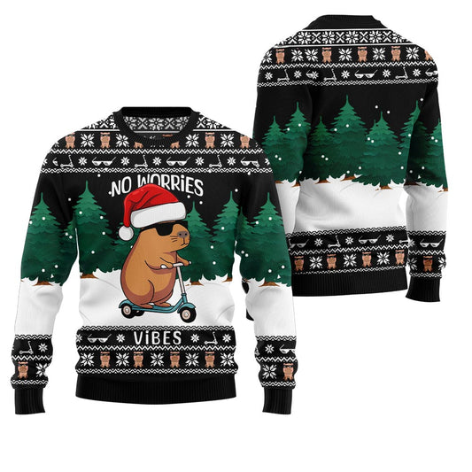 No Worries Vibes Capybara Ugly Christmas Sweater