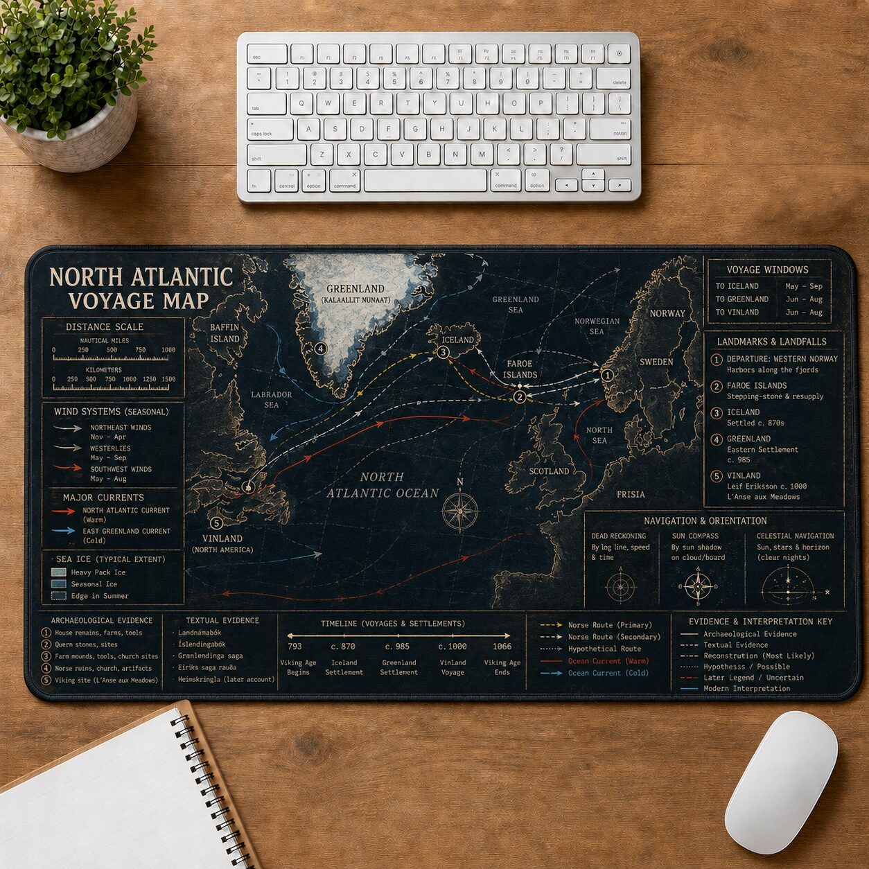 North Atlantic Voyage Map Viking History and Culture Guide Desk Mat | 5To9Vibe