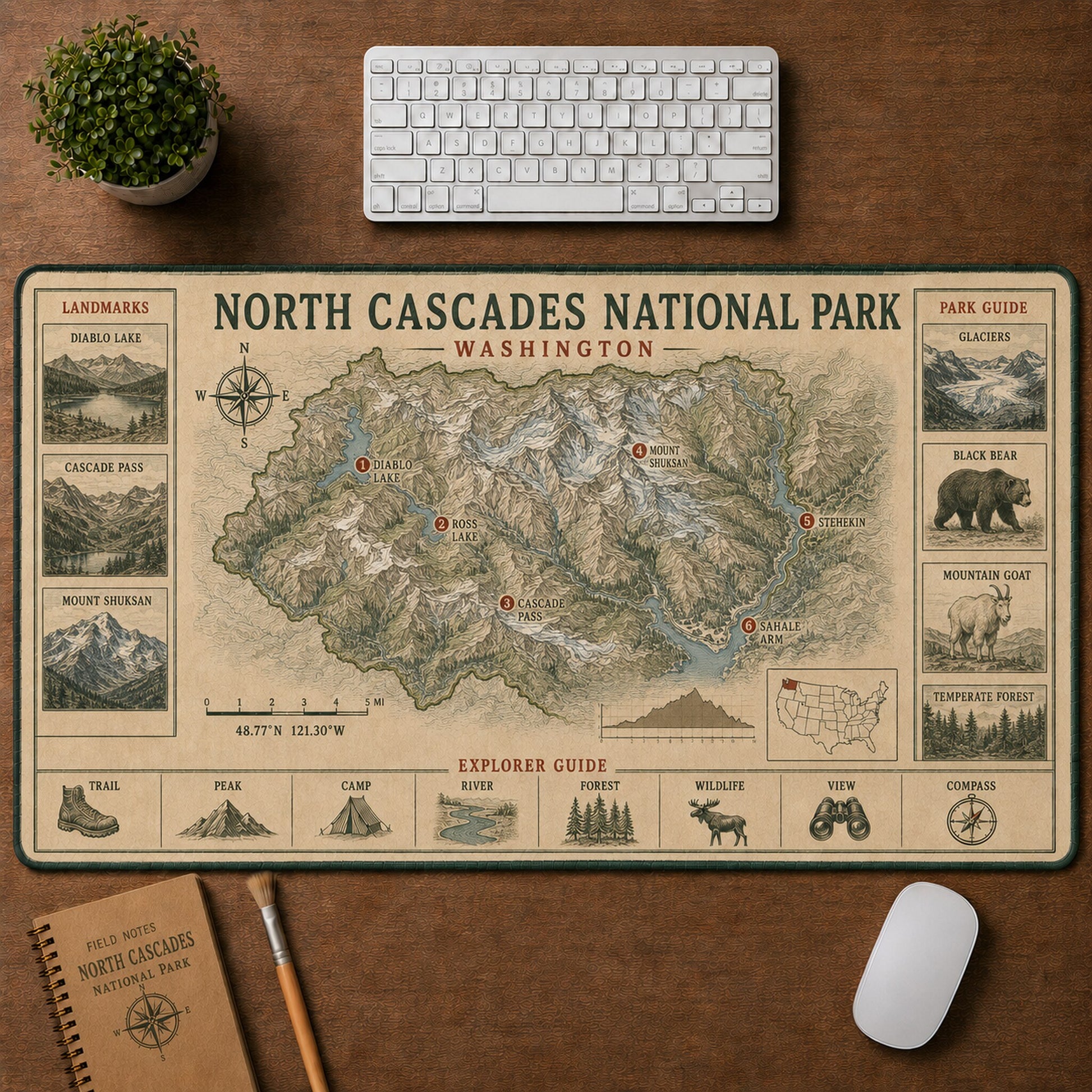 North Cascades National Park Vintage Topographic Park Map Explorer Guide Desk Mat | 5To9Vibe