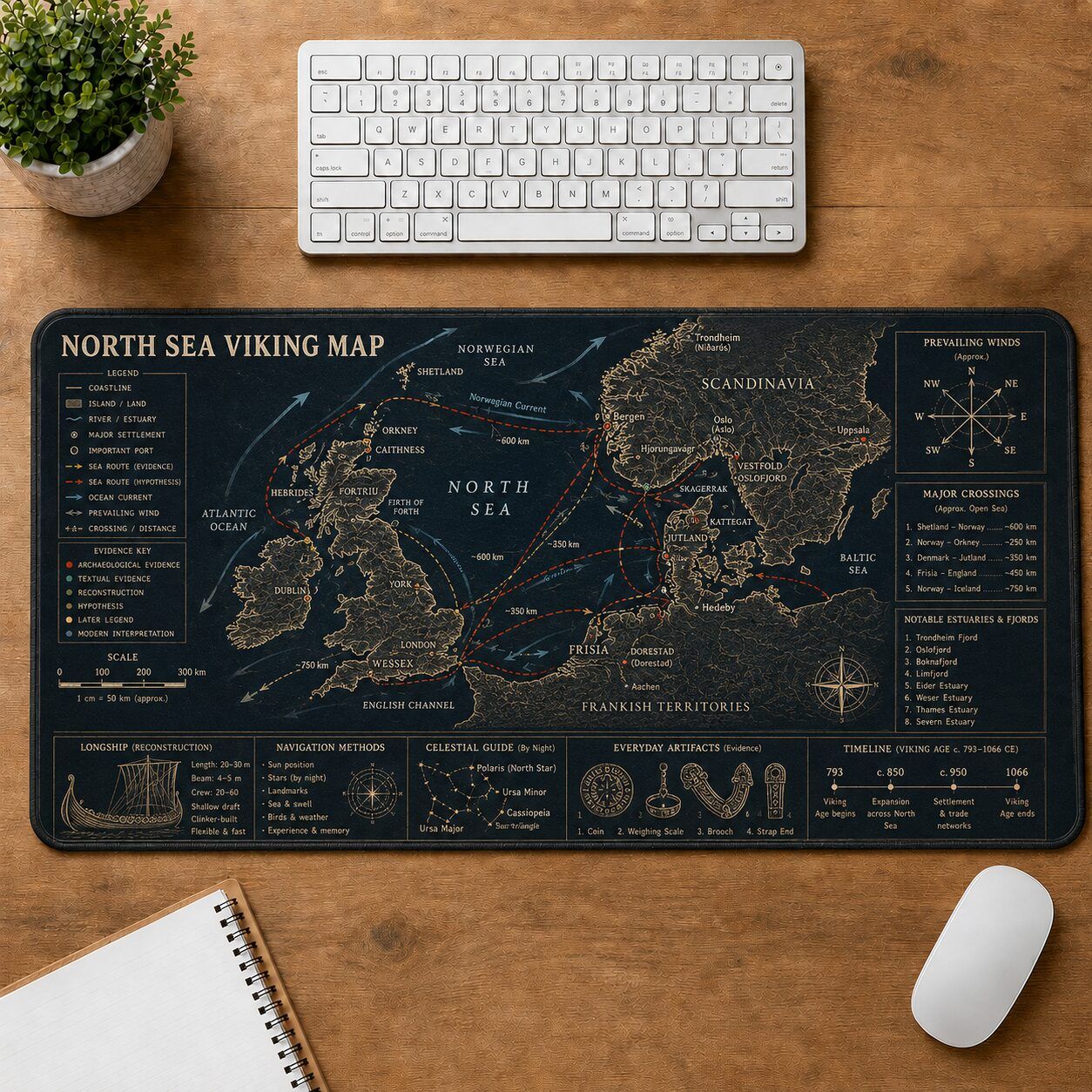 North Sea Viking Map Viking History and Culture Guide Desk Mat | 5To9Vibe