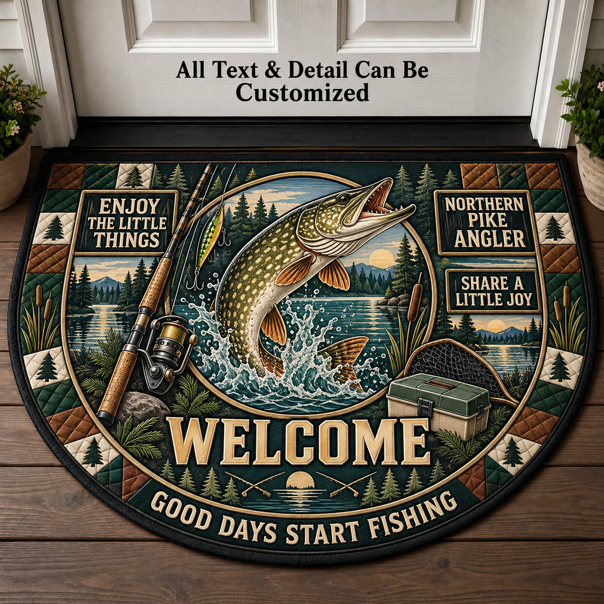 Northern Pike Angler Personalized Half Round Mat | 5To9Vibe