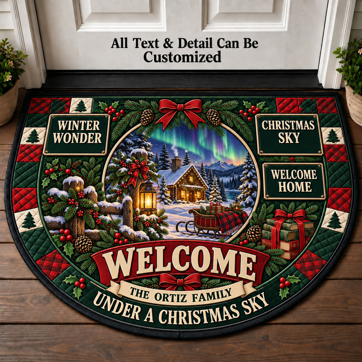 Northern Winter Christmas Personalized Half Round Mat | 5To9Vibe