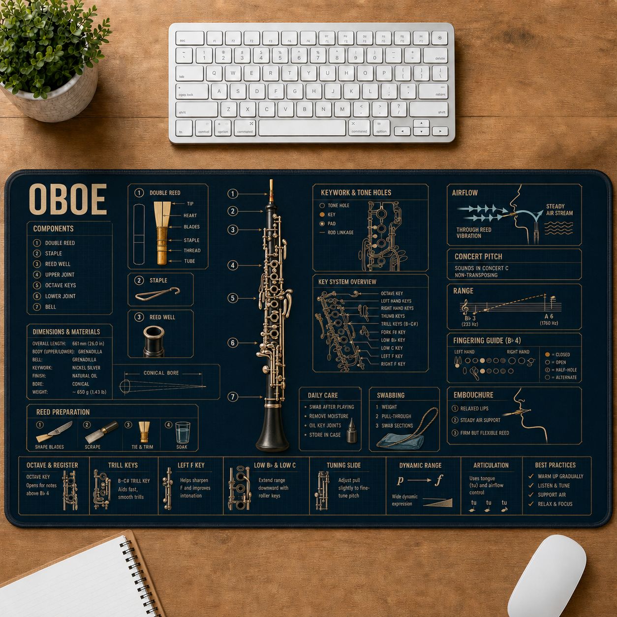 Oboe Musical Instrument Blueprint Guide Desk Mat | 5To9Vibe