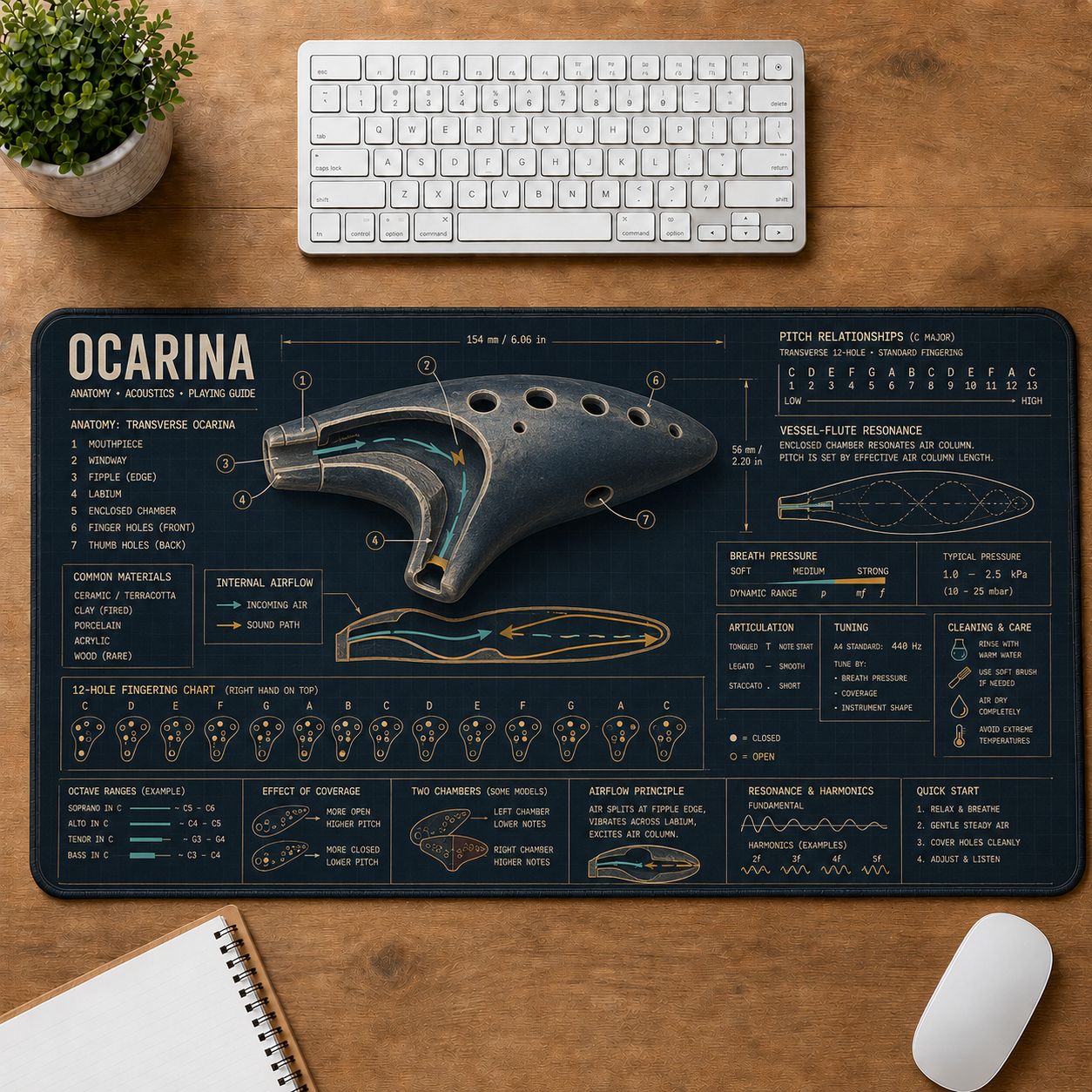 Ocarina Musical Instrument Blueprint Guide Desk Mat | 5To9Vibe