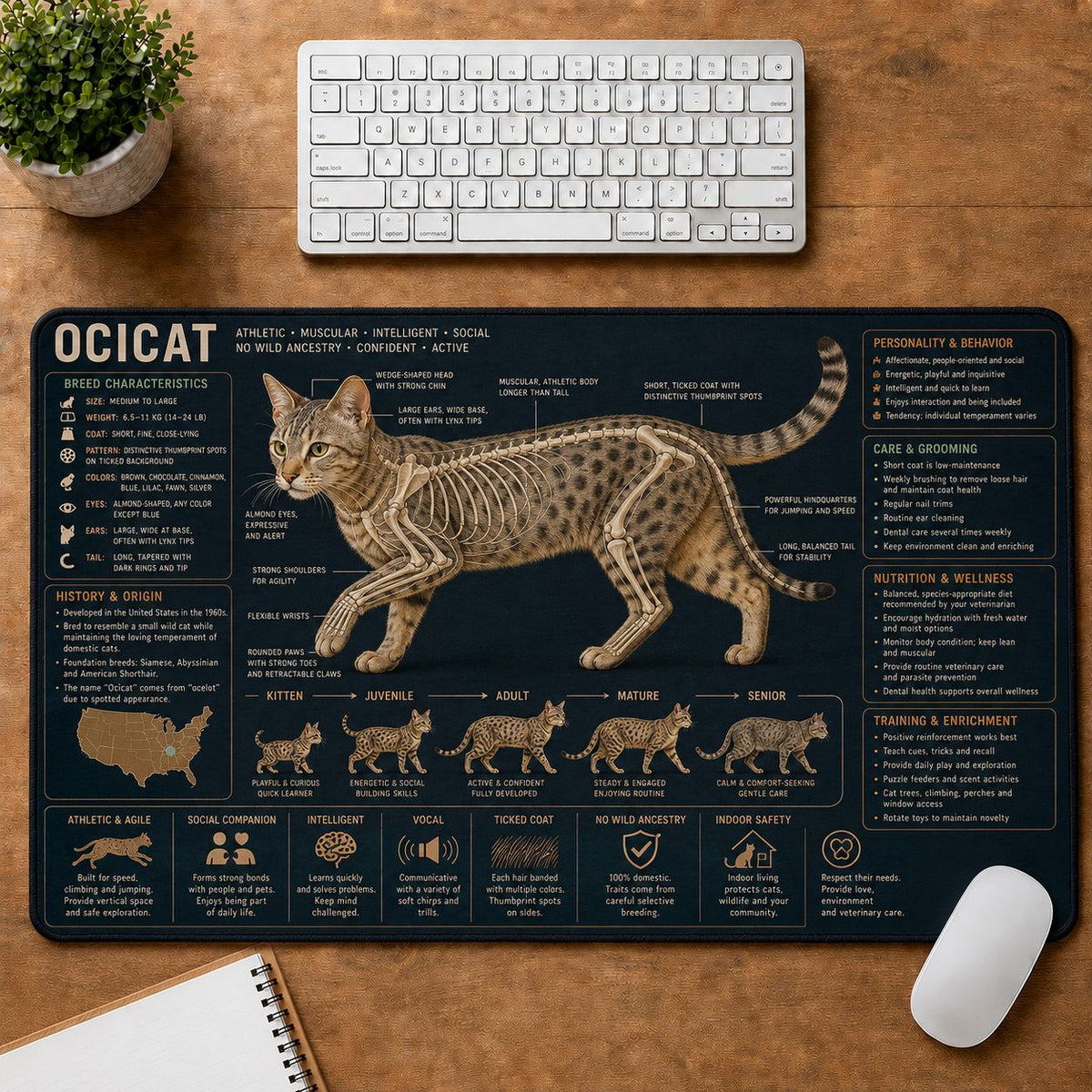 Ocicat Cat Breed Desk Mat Anatomy Guide | 5To9Vibe