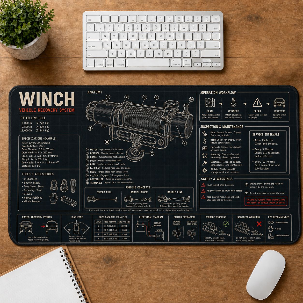 Off Road Winch Automotive Technical Guide Desk Mat | 5To9Vibe