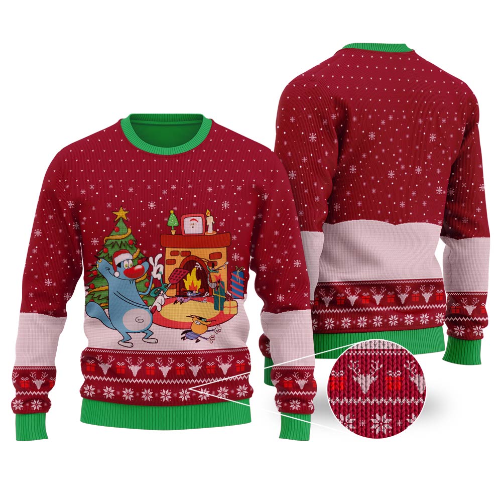 Oggy And The Cockroaches Ugly Christmas Sweater Cardinal Red