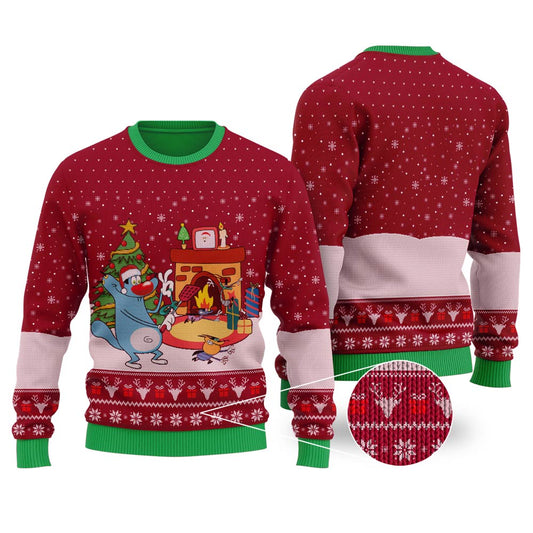 Oggy And The Cockroaches Ugly Christmas Sweater Cardinal Red