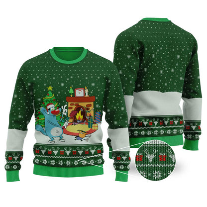 Oggy And The Cockroaches Ugly Christmas Sweater Forest Green