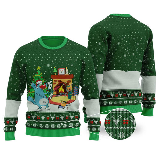Oggy And The Cockroaches Ugly Christmas Sweater Forest Green