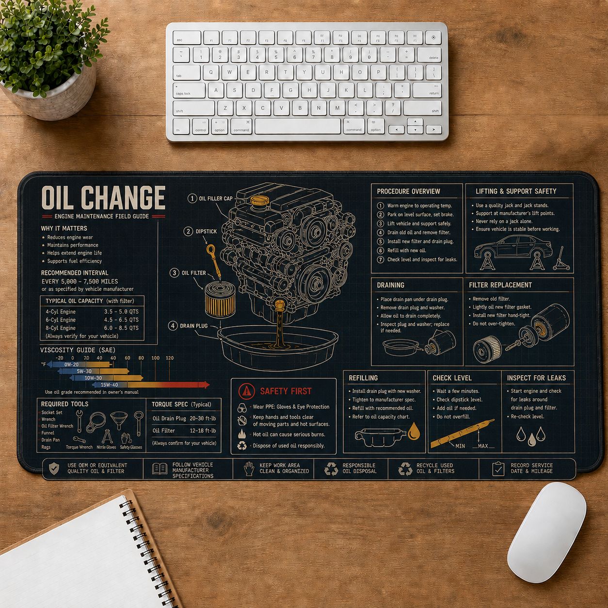 Oil Change Automotive Technical Guide Desk Mat | 5To9Vibe