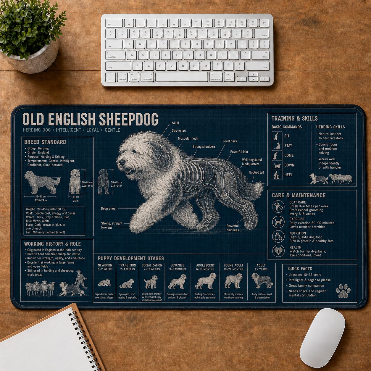 Old English Sheepdog Dog Breed Visual Guide Desk Mat | 5To9Vibe
