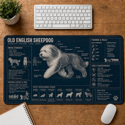 Old English Sheepdog Dog Breed Visual Guide Desk Mat | 5To9Vibe