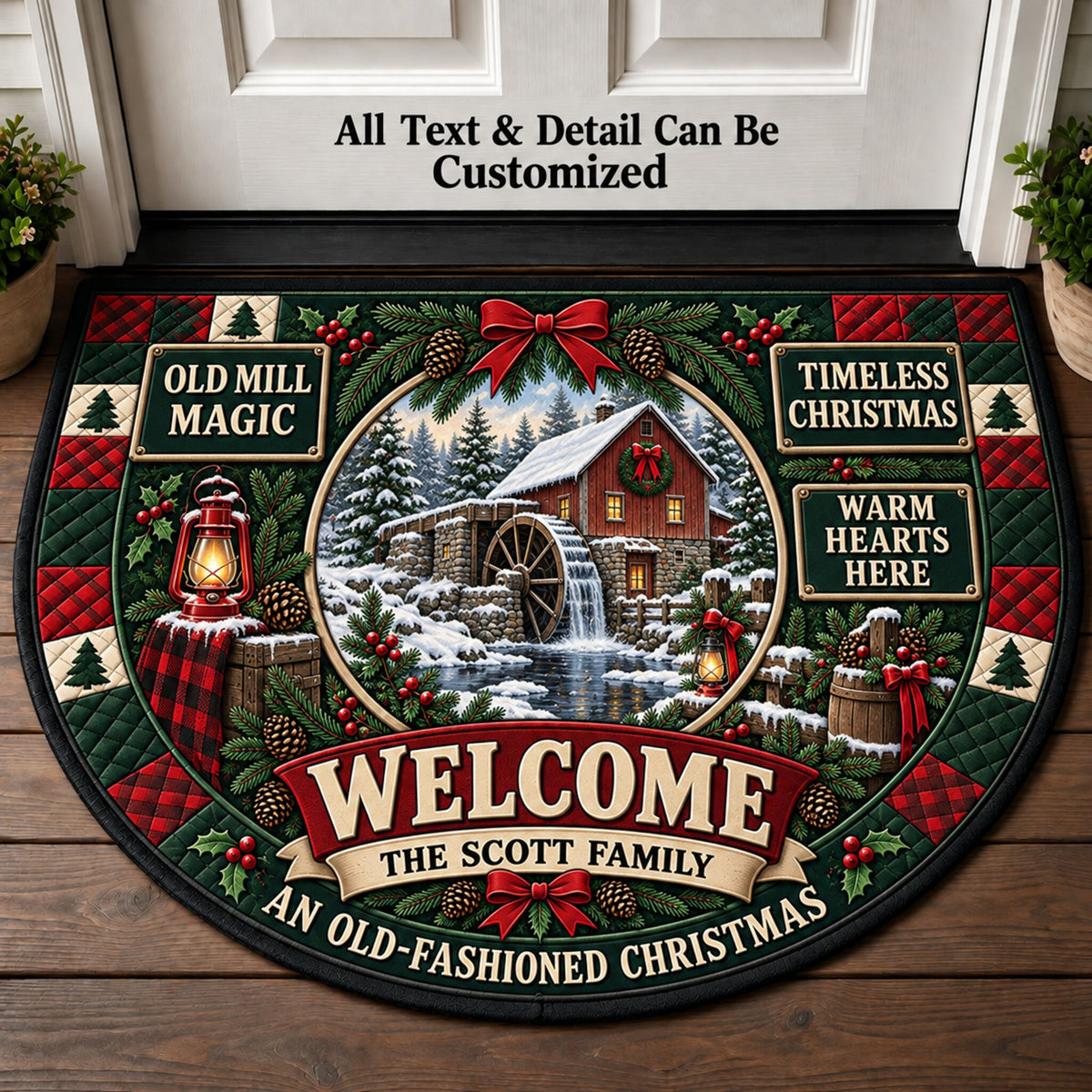 Old Mill Christmas Personalized Half Round Mat | 5To9Vibe