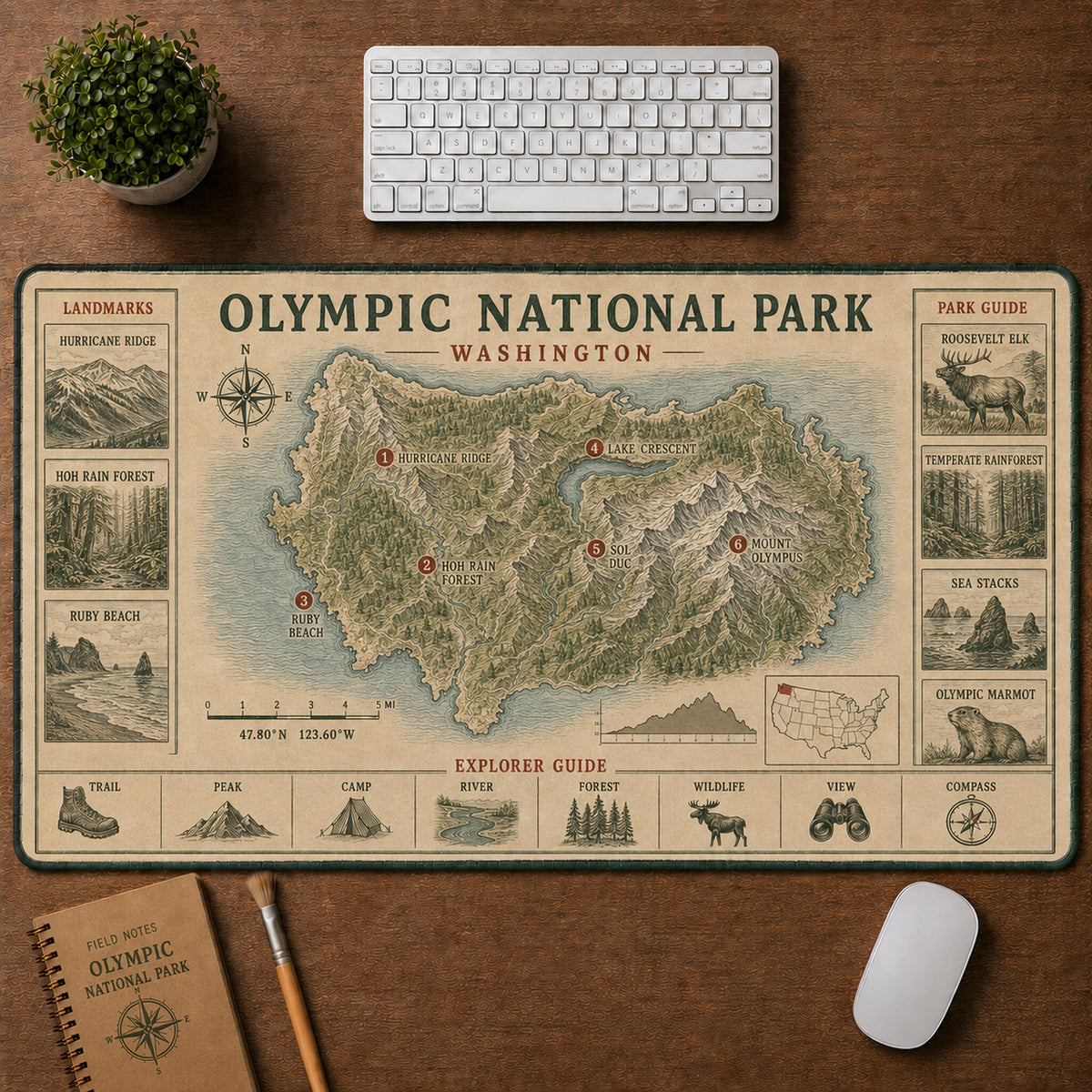 Olympic National Park Vintage Topographic Park Map Explorer Guide Desk Mat | 5To9Vibe