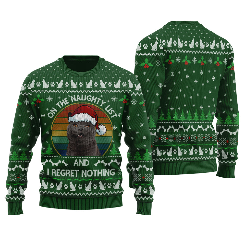 On The Naughty List Custom Cat Ugly Christmas Sweater Forest Green - Funny Ugly Christmas Sweater