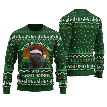 On The Naughty List Custom Cat Ugly Christmas Sweater Forest Green - Funny Ugly Christmas Sweater