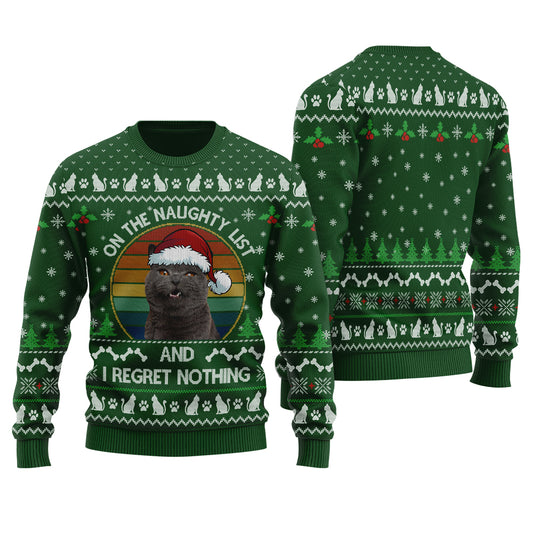 On The Naughty List Custom Cat Ugly Christmas Sweater Forest Green - Funny Ugly Christmas Sweater