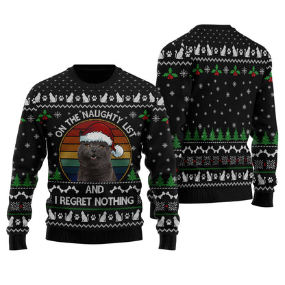 On The Naughty List Custom Cat Ugly Christmas Sweater Black - Funny Ugly Christmas Sweater