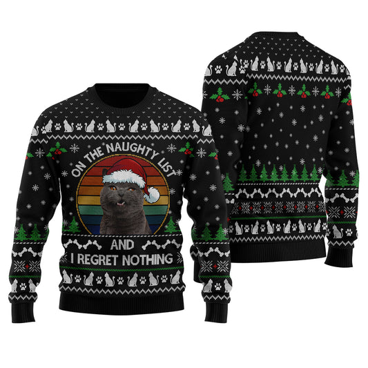On The Naughty List Custom Cat Ugly Christmas Sweater Black - Funny Ugly Christmas Sweater