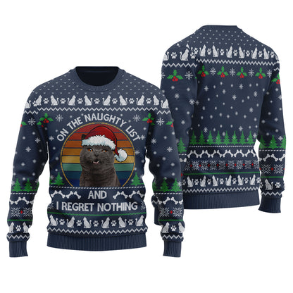 On The Naughty List Custom Cat Ugly Christmas Sweater Navy - Funny Ugly Christmas Sweater