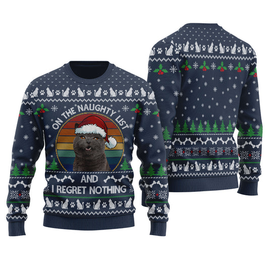 On The Naughty List Custom Cat Ugly Christmas Sweater Navy - Funny Ugly Christmas Sweater