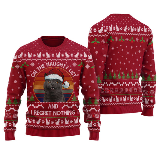 On The Naughty List Custom Cat Ugly Christmas Sweater Cardinal Red - Funny Ugly Christmas Sweater