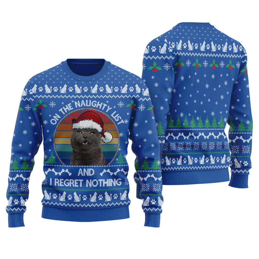 On The Naughty List Custom Cat Ugly Christmas Sweater Royal - Funny Ugly Christmas Sweater