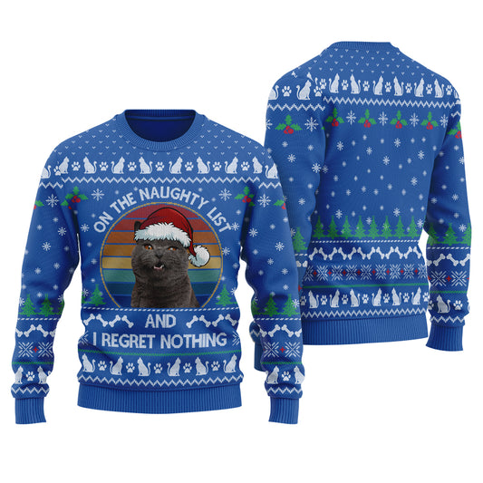 On The Naughty List Custom Cat Ugly Christmas Sweater Royal - Funny Ugly Christmas Sweater