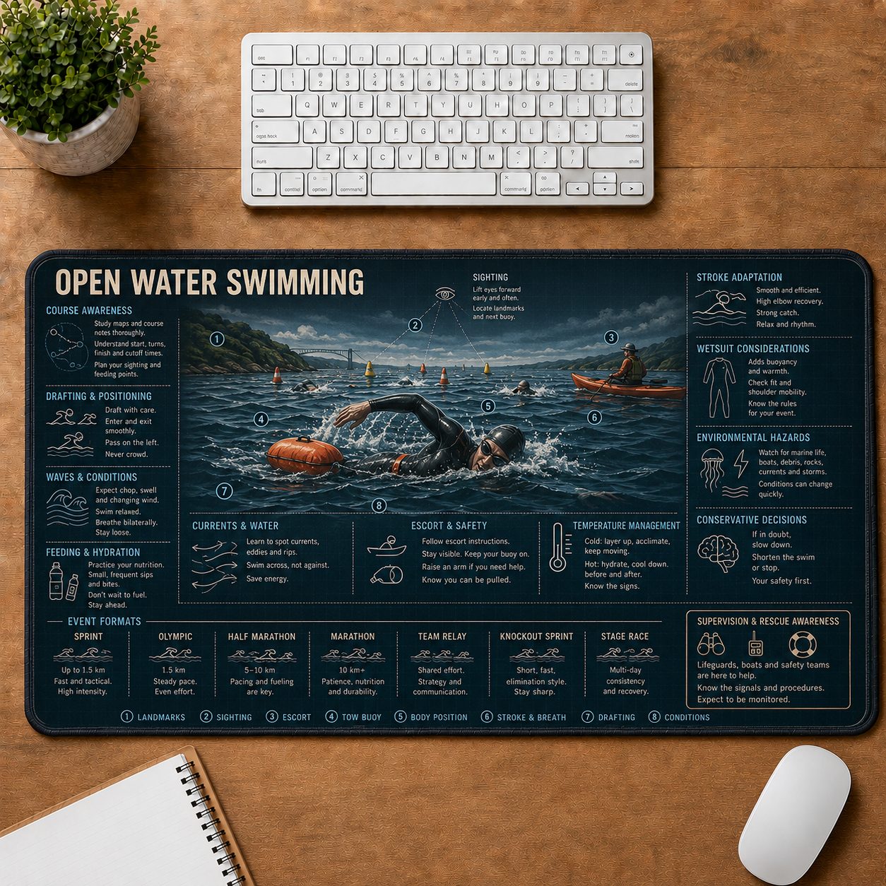 Open Water Swimming Sports Visual Guide Desk Mat | 5To9Vibe